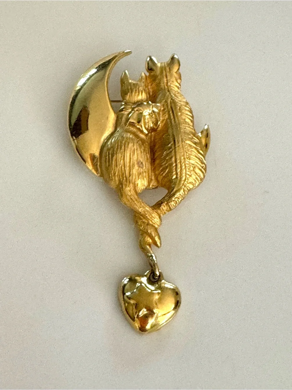 Vintage Cattails Romantic Moon Brooch with Heart Charm